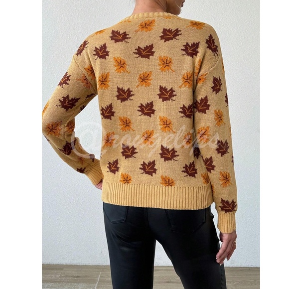 Leaf Print Knit Khaki Sweater Pullover for Fall Autumn - Picture 2 of 7